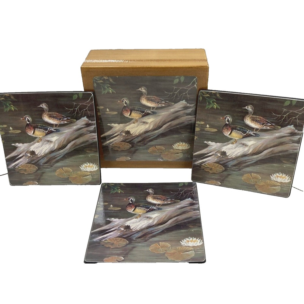 Vintage Duck Box Coaster Set Cork Back Wood Box 1970s with 3 Coasters